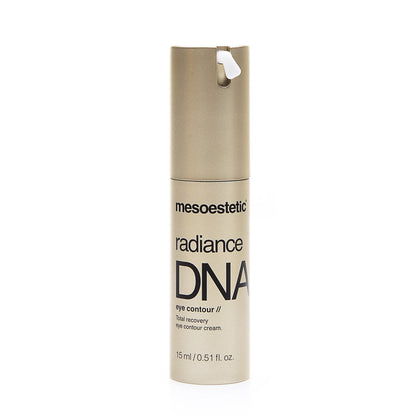 Mesoestetic Radiance DNA premium triple action eye cream packaging highlighting the Meso Recovery Complex.