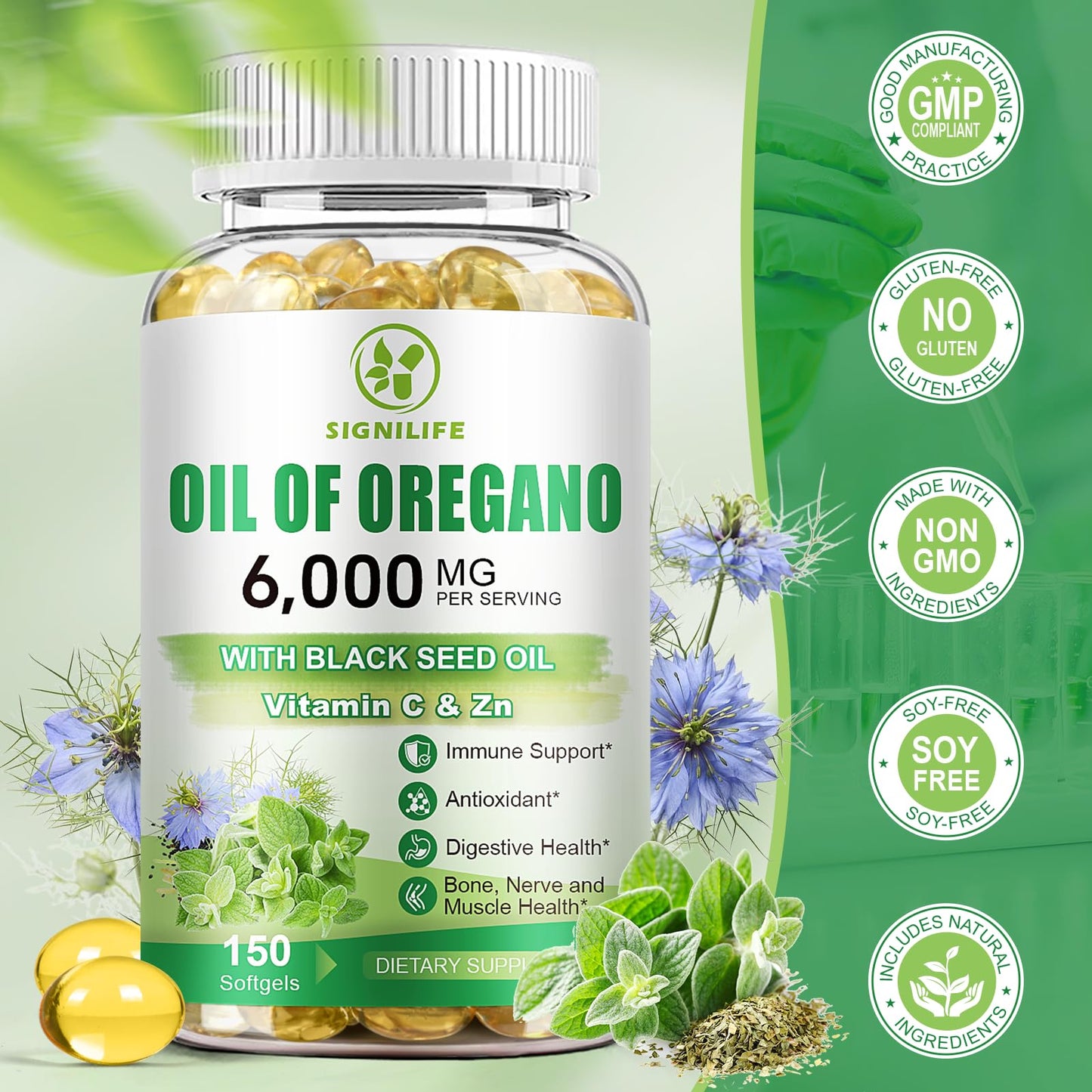 SIGNILIFE antioxidant supplement bottle angled to display directions for daily immune protection usage.