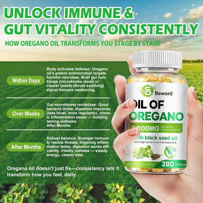 BEWORD wild oregano oil and cold pressed black seed oil supplement packaging display.