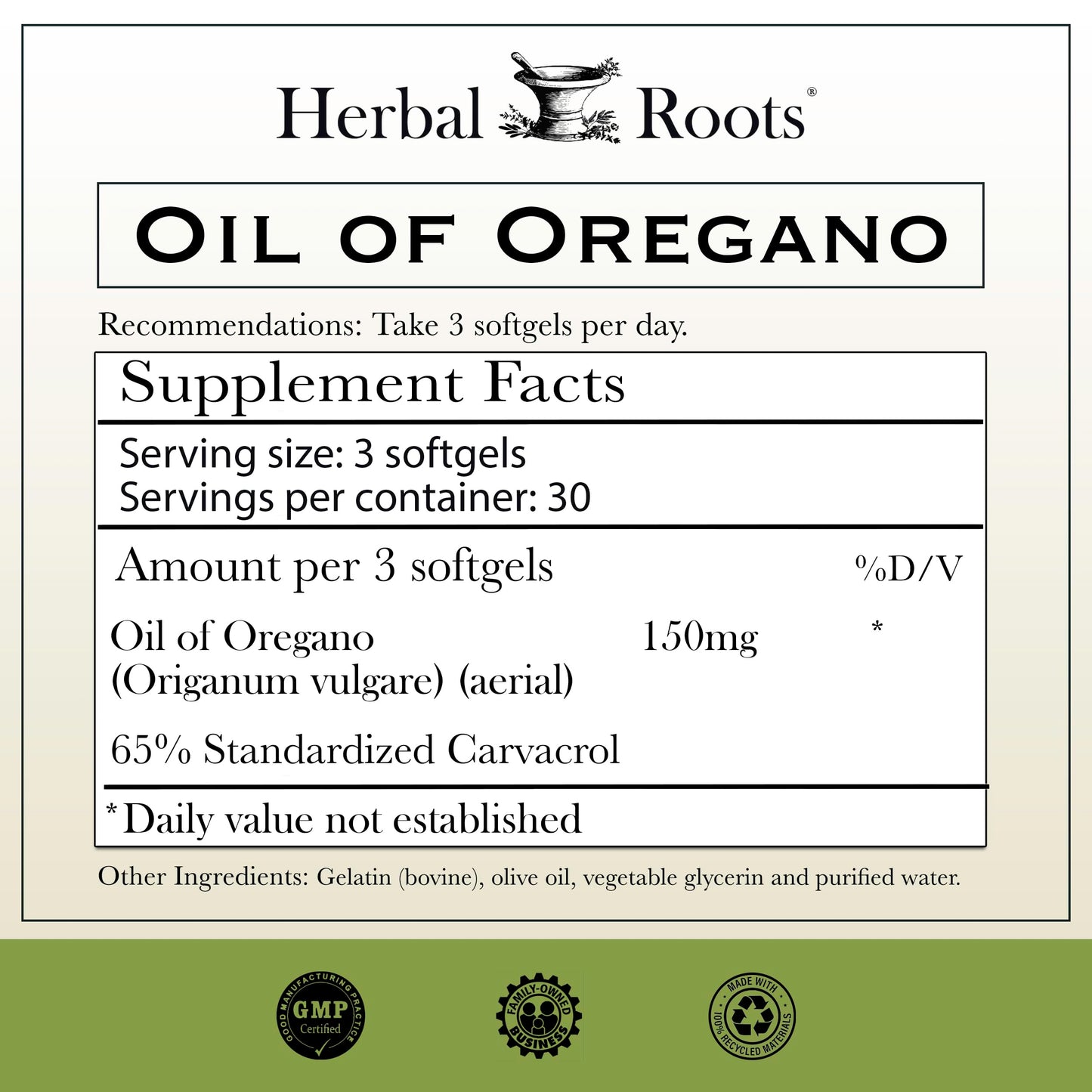 Herbal Roots Mediterranean oregano oil capsules supplement facts and ingredient label