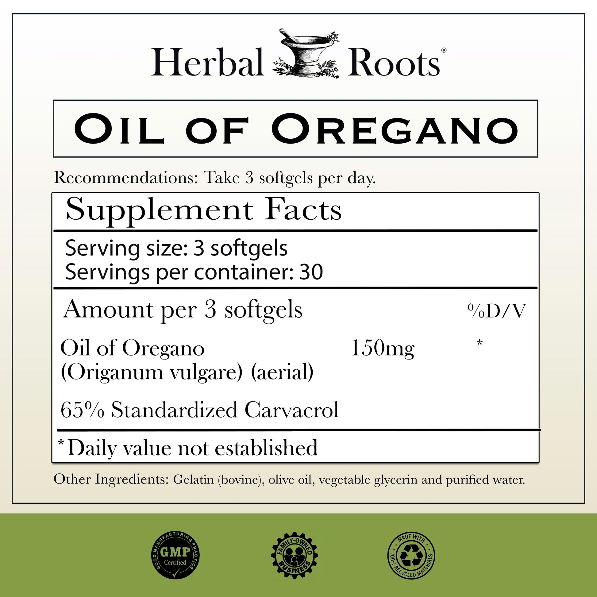 Herbal Roots Mediterranean oregano oil capsules supplement facts and ingredient label