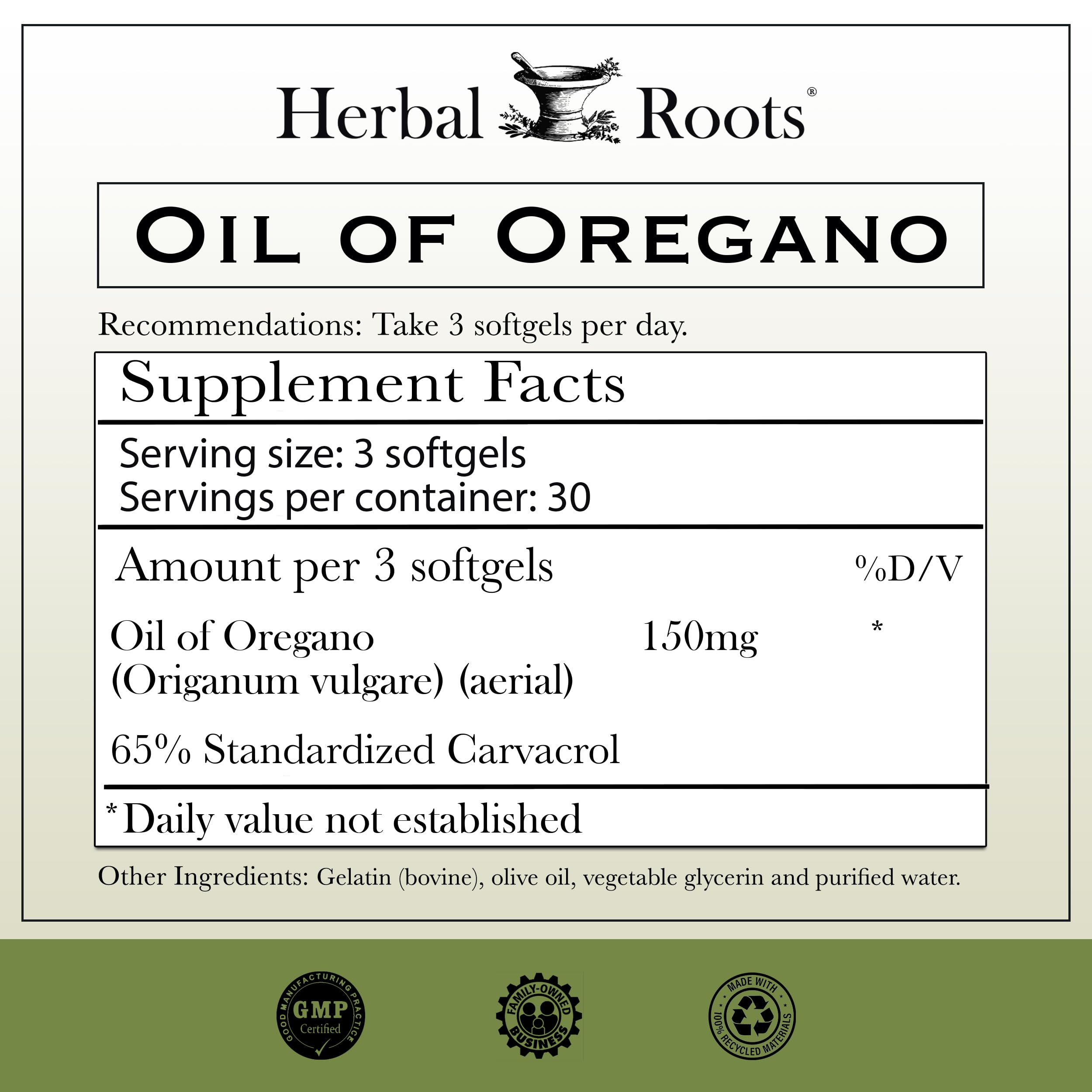 Herbal Roots Mediterranean oregano oil capsules supplement facts and ingredient label
