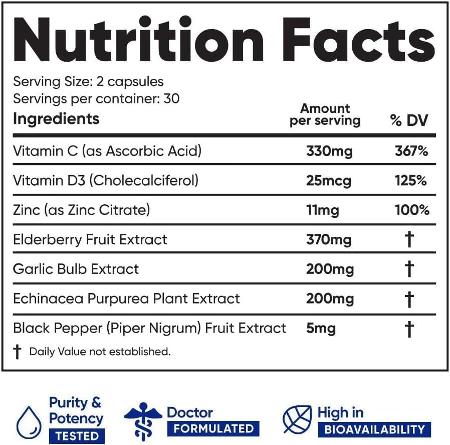 Immuneti Nutrition Inc 6 in 1 dietary supplement showing the nutritional facts label with zinc and elderberry.