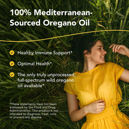 Mediterranean wild oregano oil capsules packaging showing non GMO label