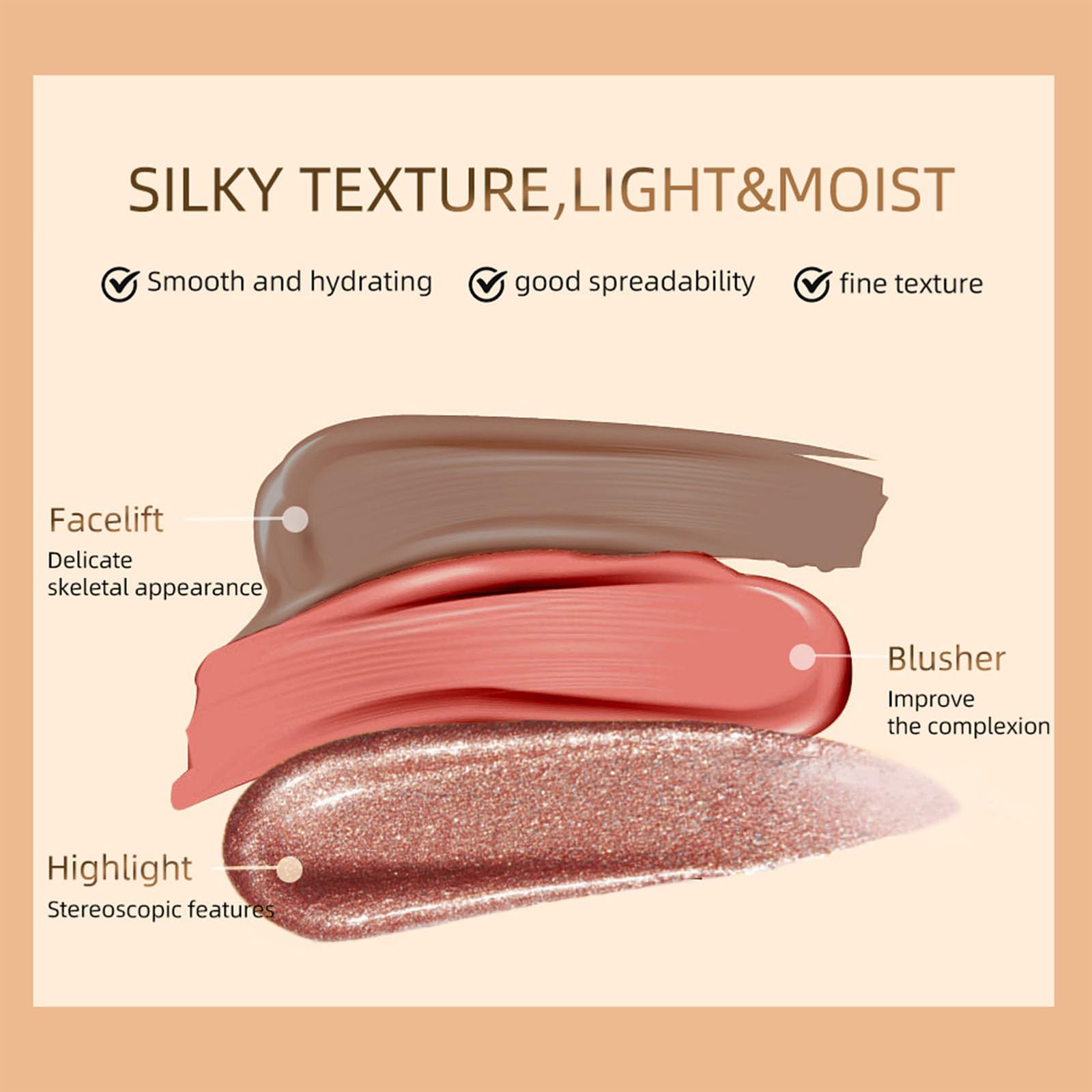 Swatches of the smooth hydrating liquid bronzer formulas on medium skin tones.