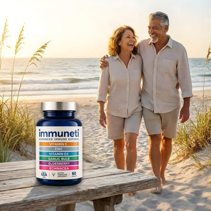Close up of Immuneti daily immunity supplement bottle detailing vitamin c and vitamin d3 ingredients.