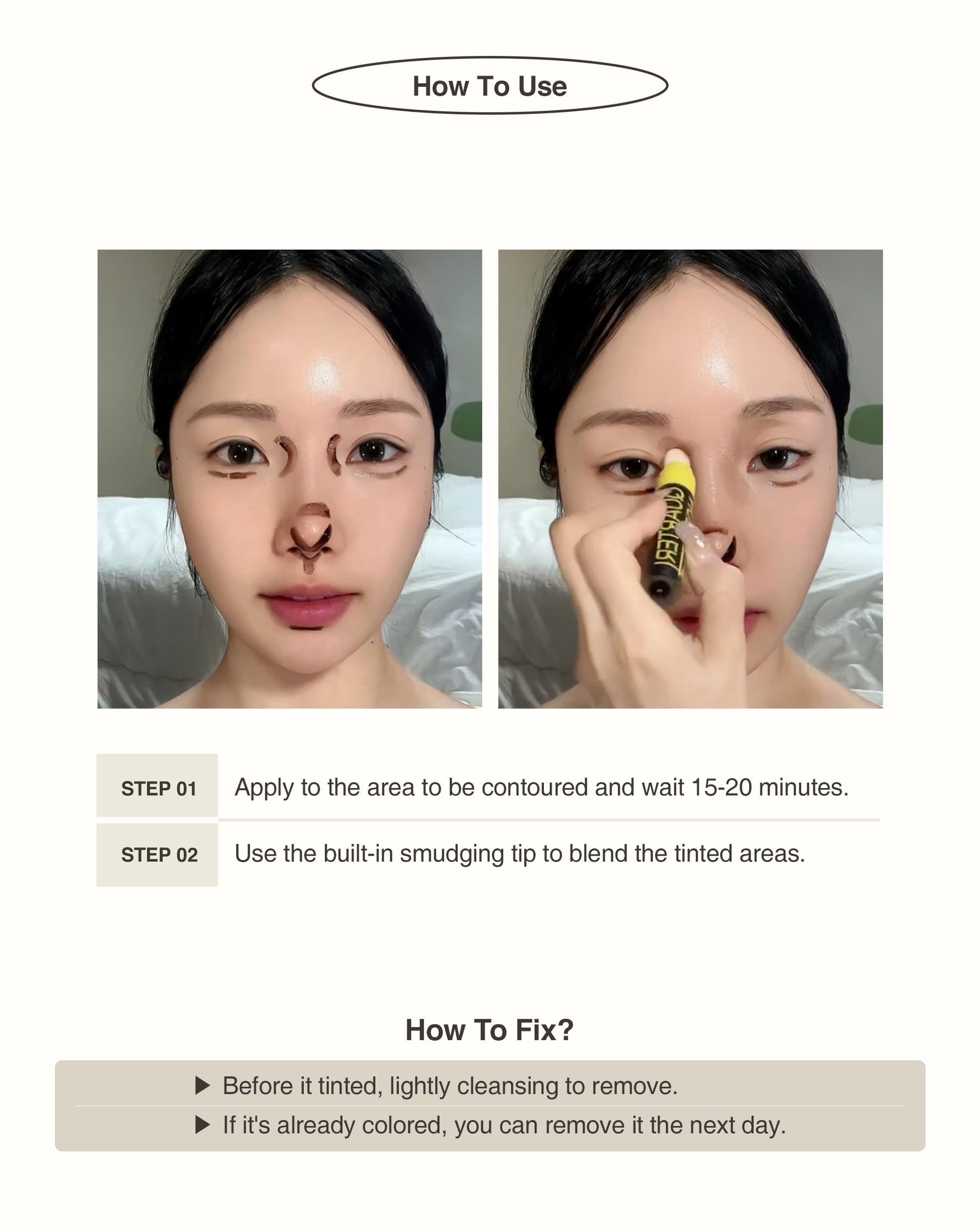 Dual ended Korean beauty contour stick showing the blending sponge side.