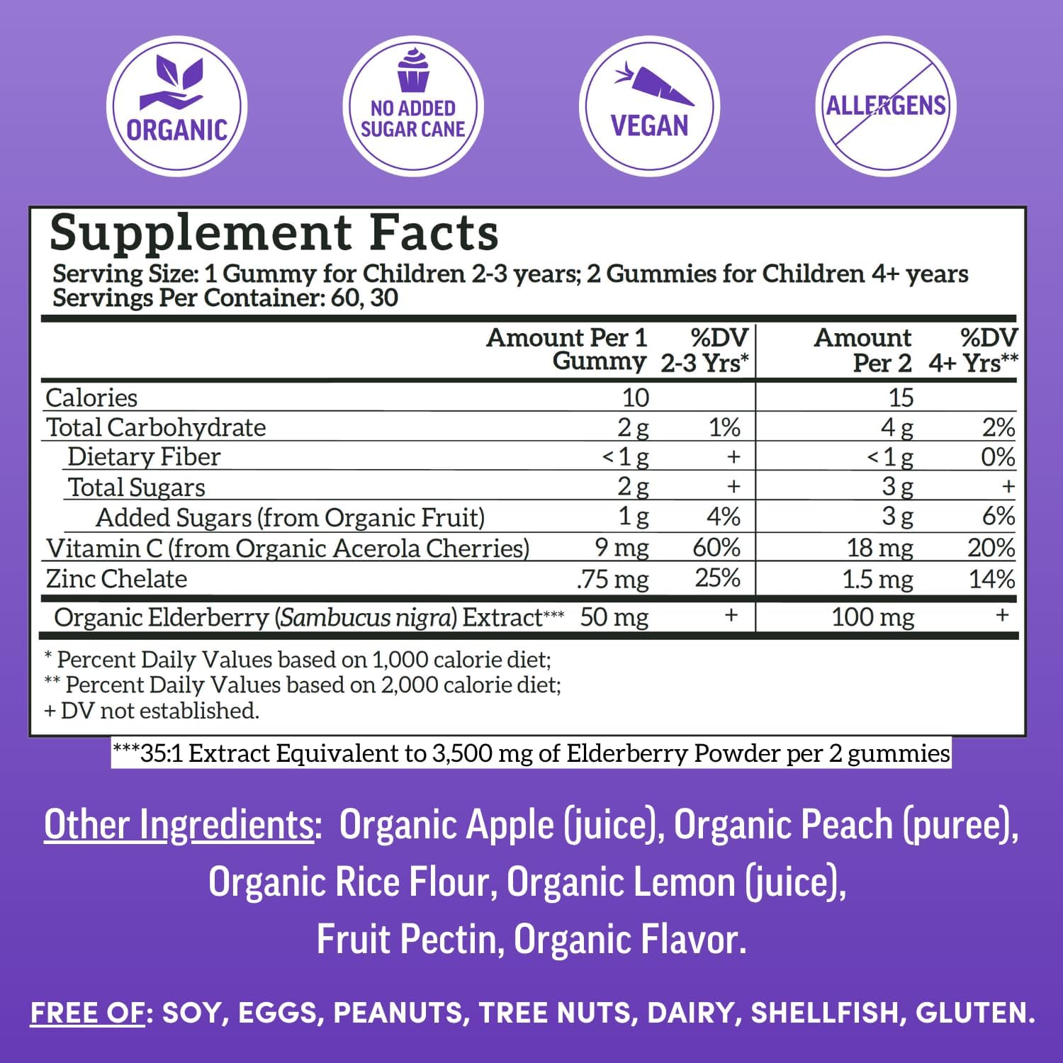 Llama Naturals children organic elderberry vitamin pack showcasing real fruit ingredients certification badges.