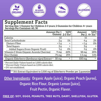 Llama Naturals children organic elderberry vitamin pack showcasing real fruit ingredients certification badges.