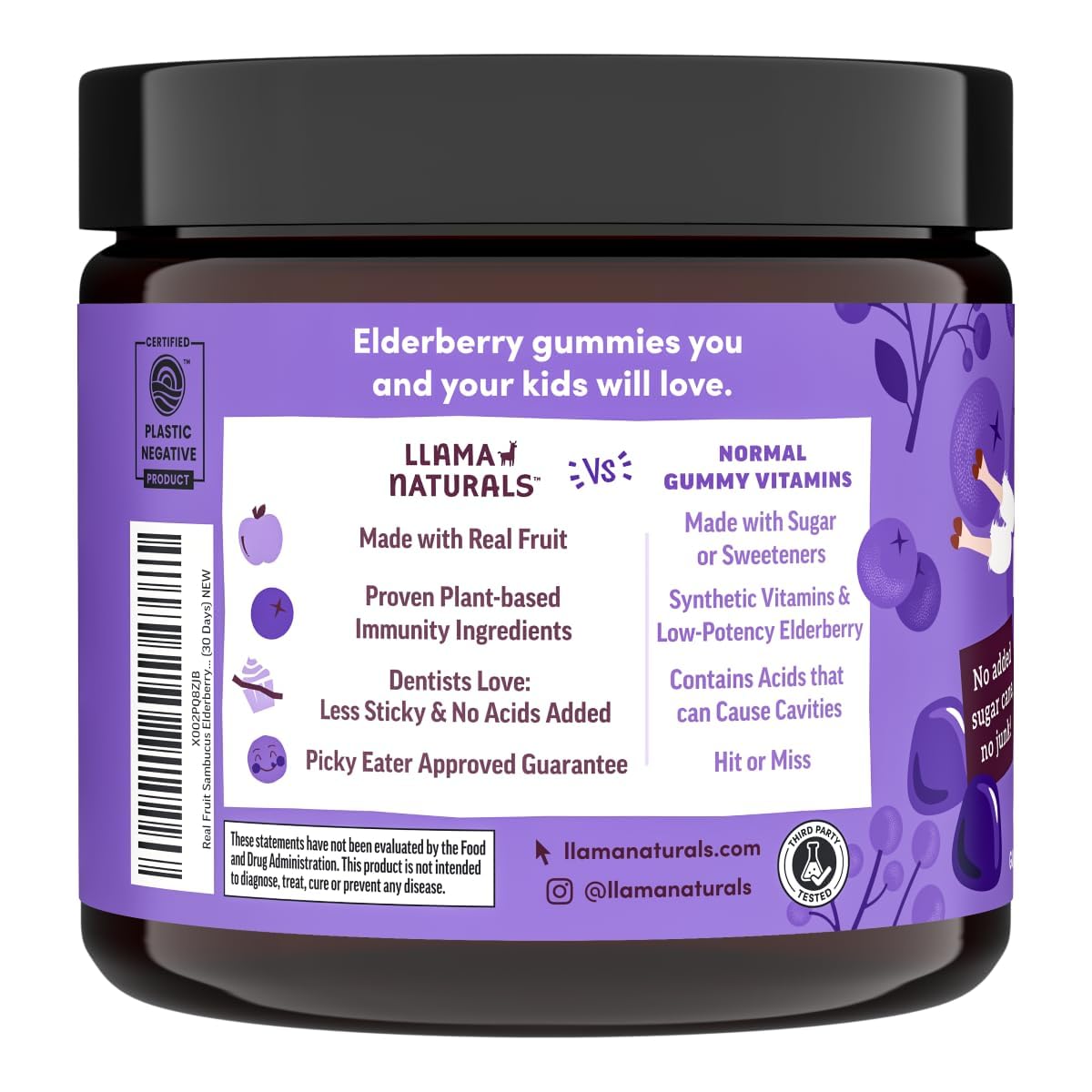Nutritional information panel on the side of kids non GMO berry flavored dietary supplement bottle.