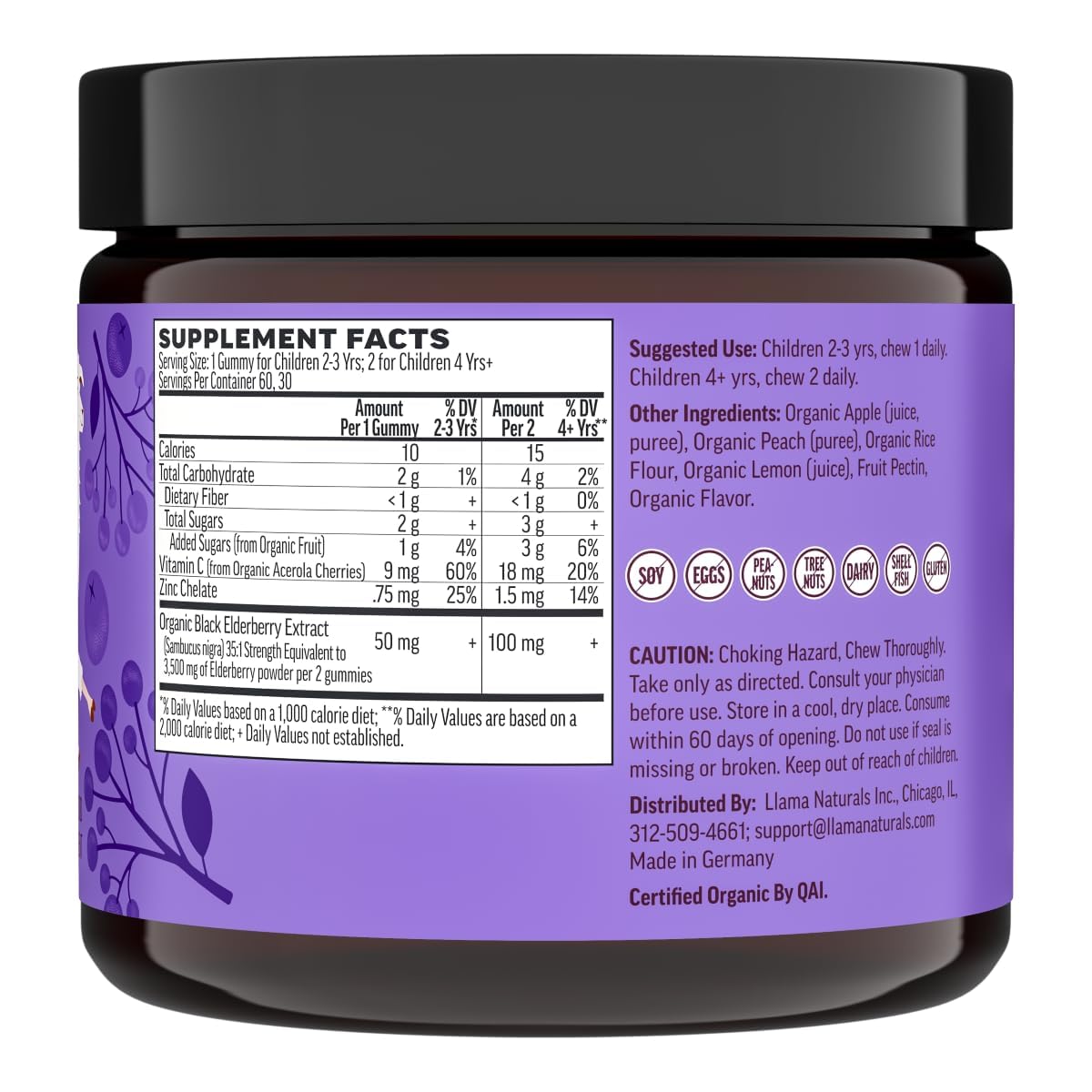 Llama Naturals organic daily defense chewable gummies showcasing actual texture and natural purple coloring.