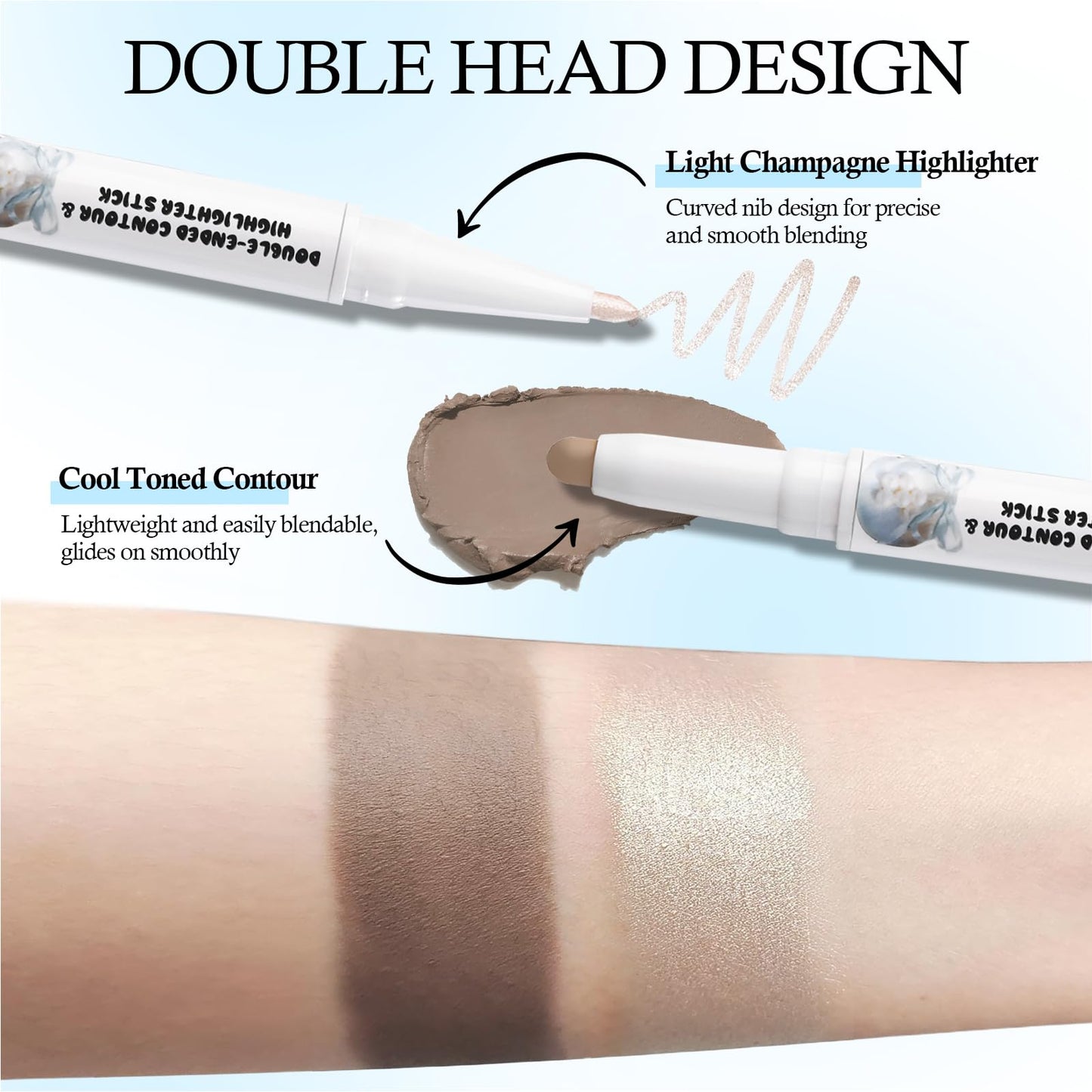 Silky light champagne shimmer highlighter end swatched on fair skin to demonstrate the radiant dewy finish.