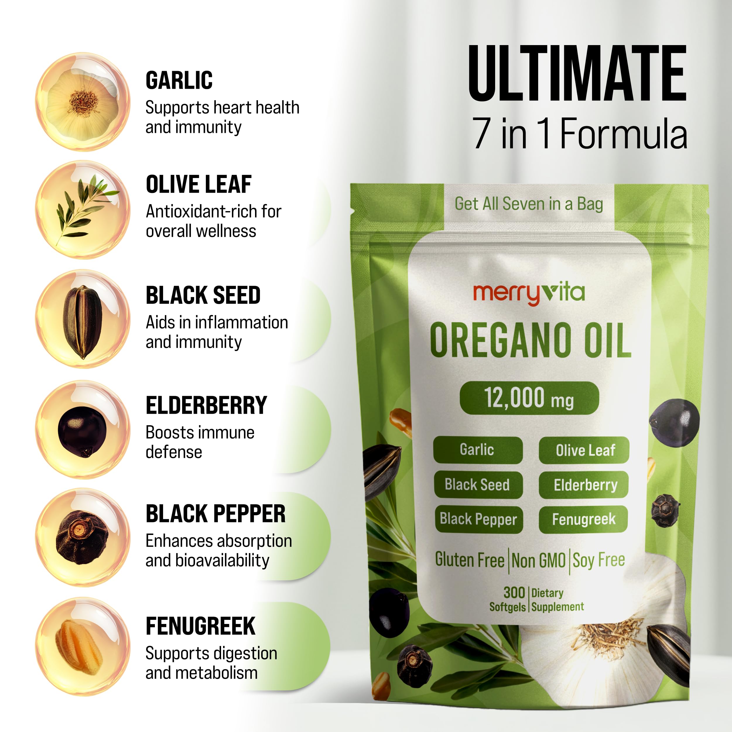 Close-up of Merry Vita Oregano Oil supplement packaging displaying organic ingredients list and high carvacrol content.