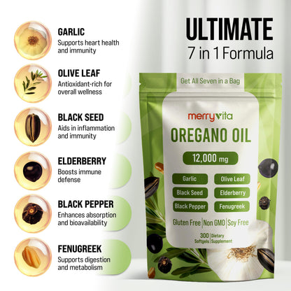 Close-up of Merry Vita Oregano Oil supplement packaging displaying organic ingredients list and high carvacrol content.