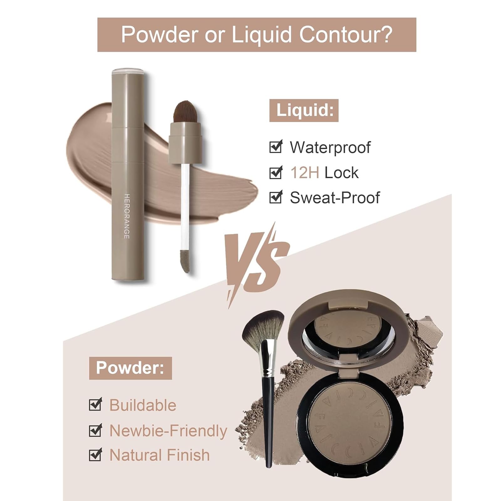 HJXUQIME liquid-to-cream contour tube packaging illustrating the smudge-resistant and transfer-proof makeup formula.