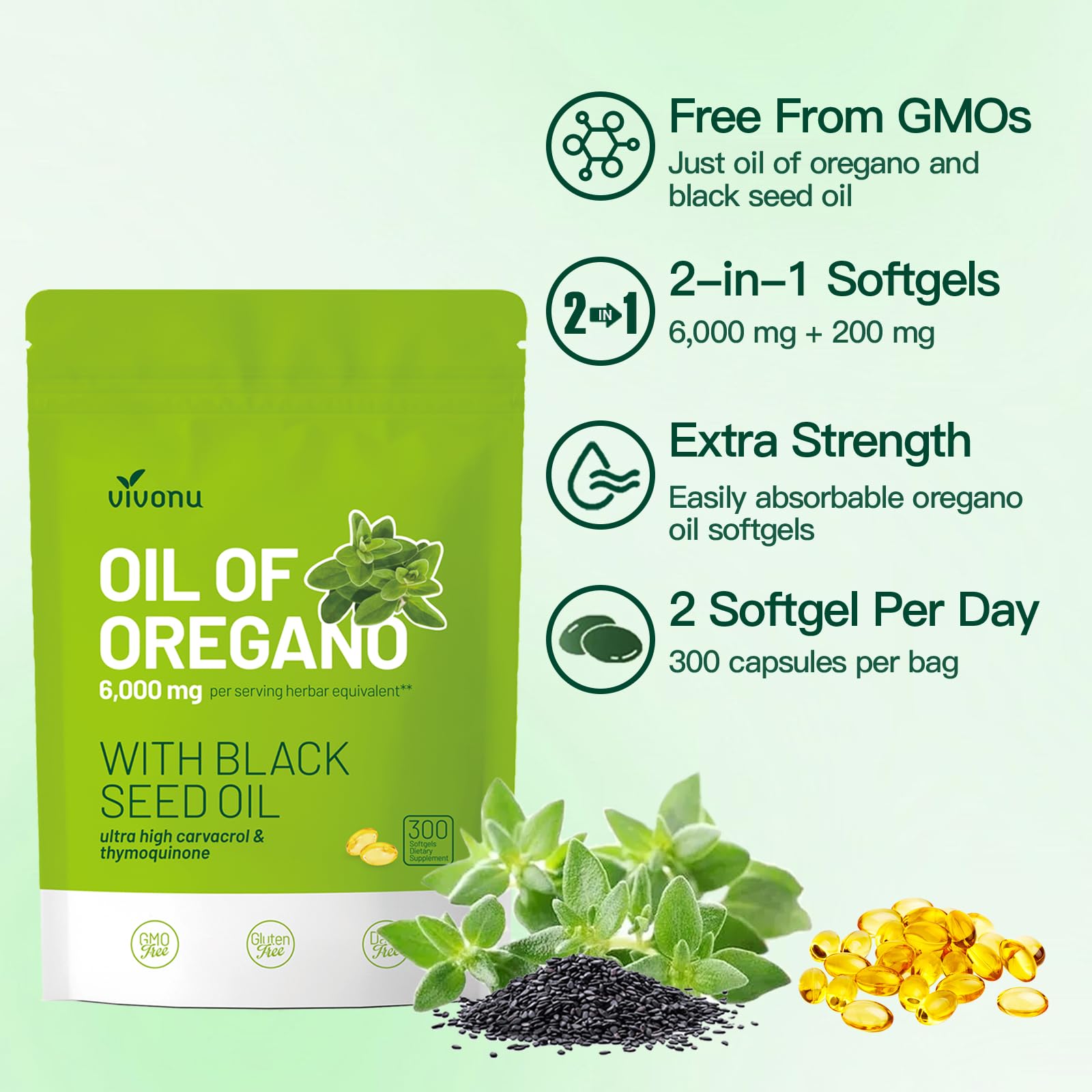 VivoNu Oil of Oregano packaging showing dietary supplement facts and natural ingredients list.