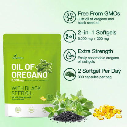 VivoNu Oil of Oregano packaging showing dietary supplement facts and natural ingredients list.