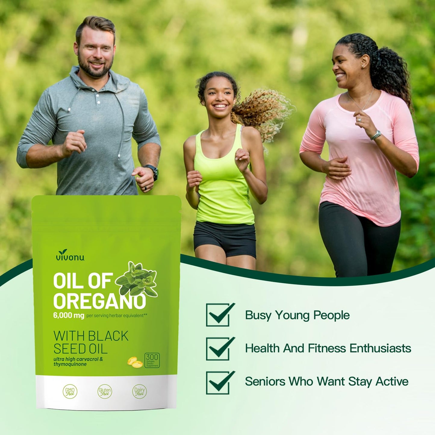Close up view of the easy to swallow herbal softgels from the VivoNu nutrition pack.