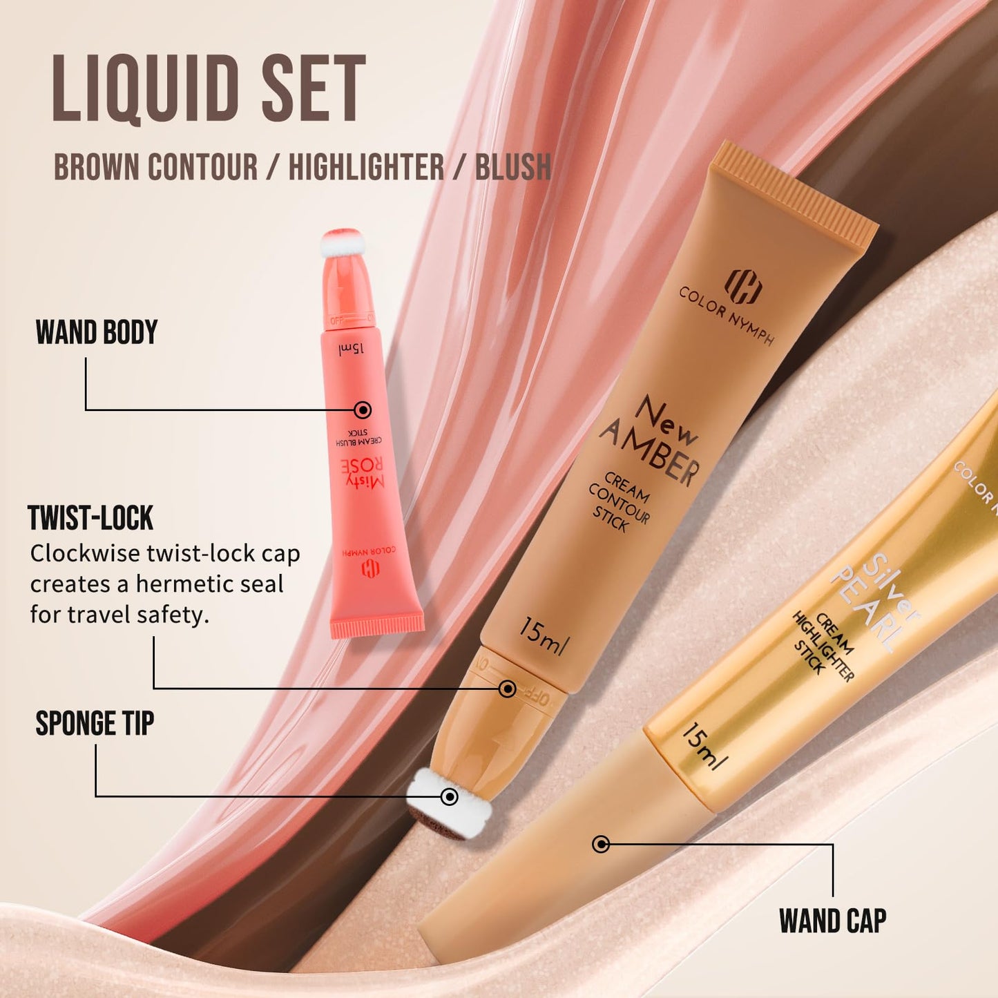 Color Nymph pigmented liquid blush for cheeks demonstrating a natural dewy makeup finish.