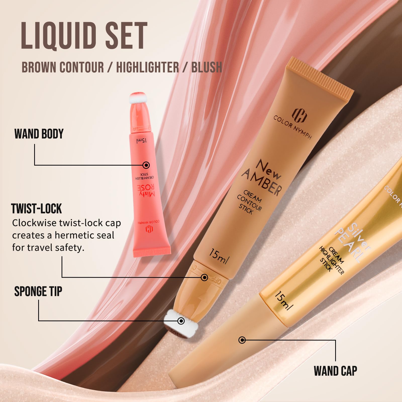 Color Nymph pigmented liquid blush for cheeks demonstrating a natural dewy makeup finish.