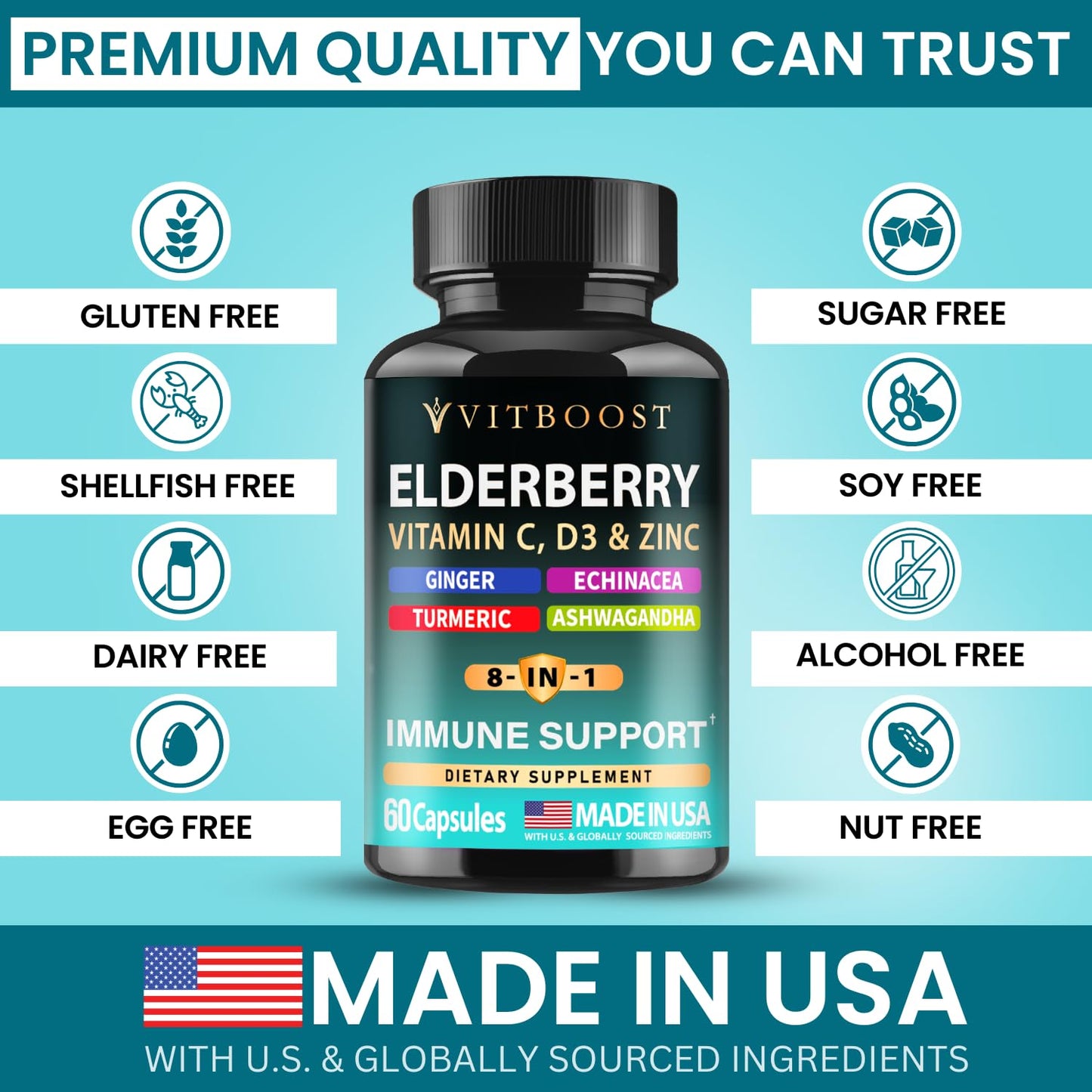 Side view of Vitboost Elderberry supplement bottle showing manufacturing quality and GMP certification.