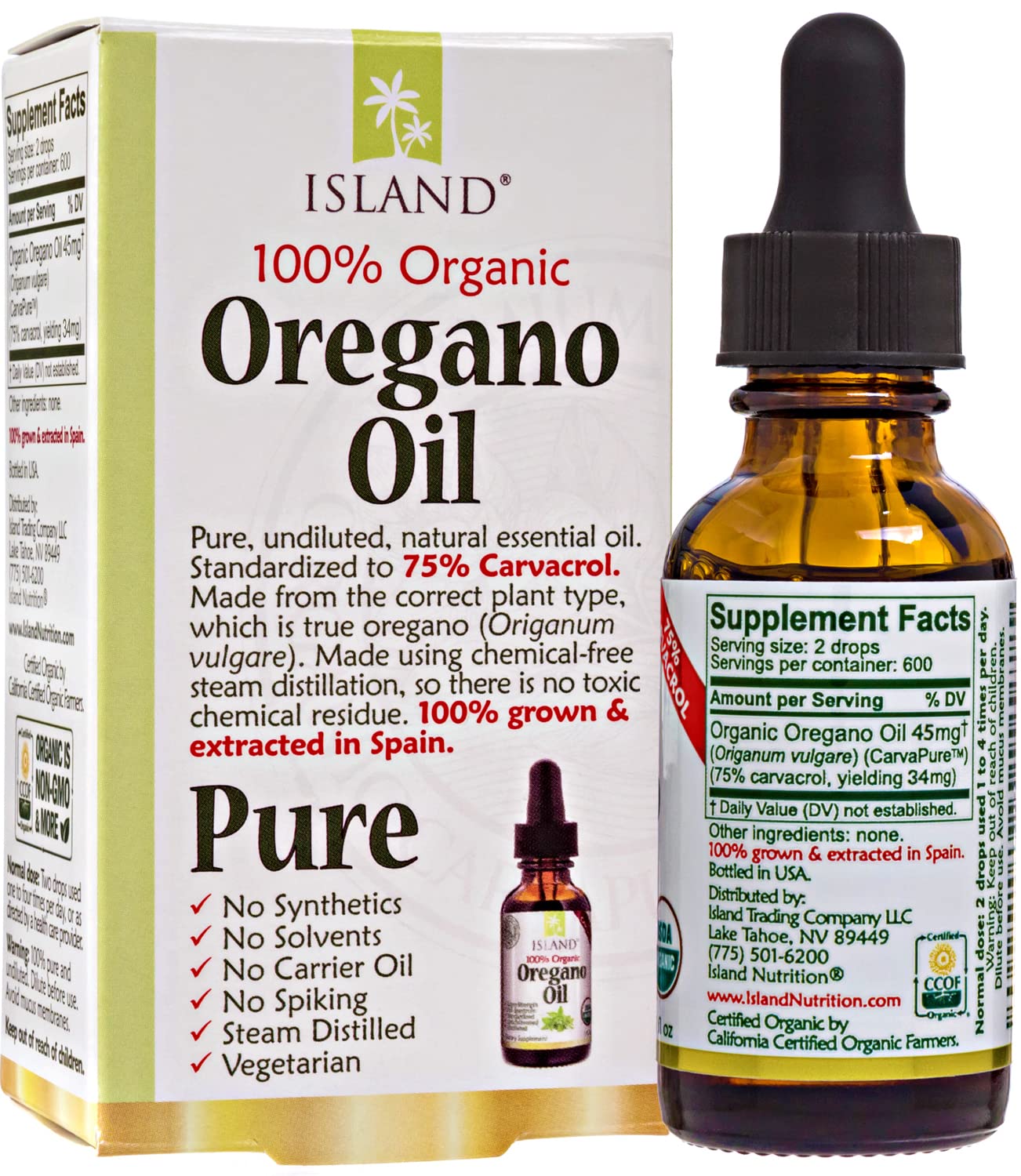 Island Nutrition organic undiluted oil of oregano liquid one fluid ounce packaging details