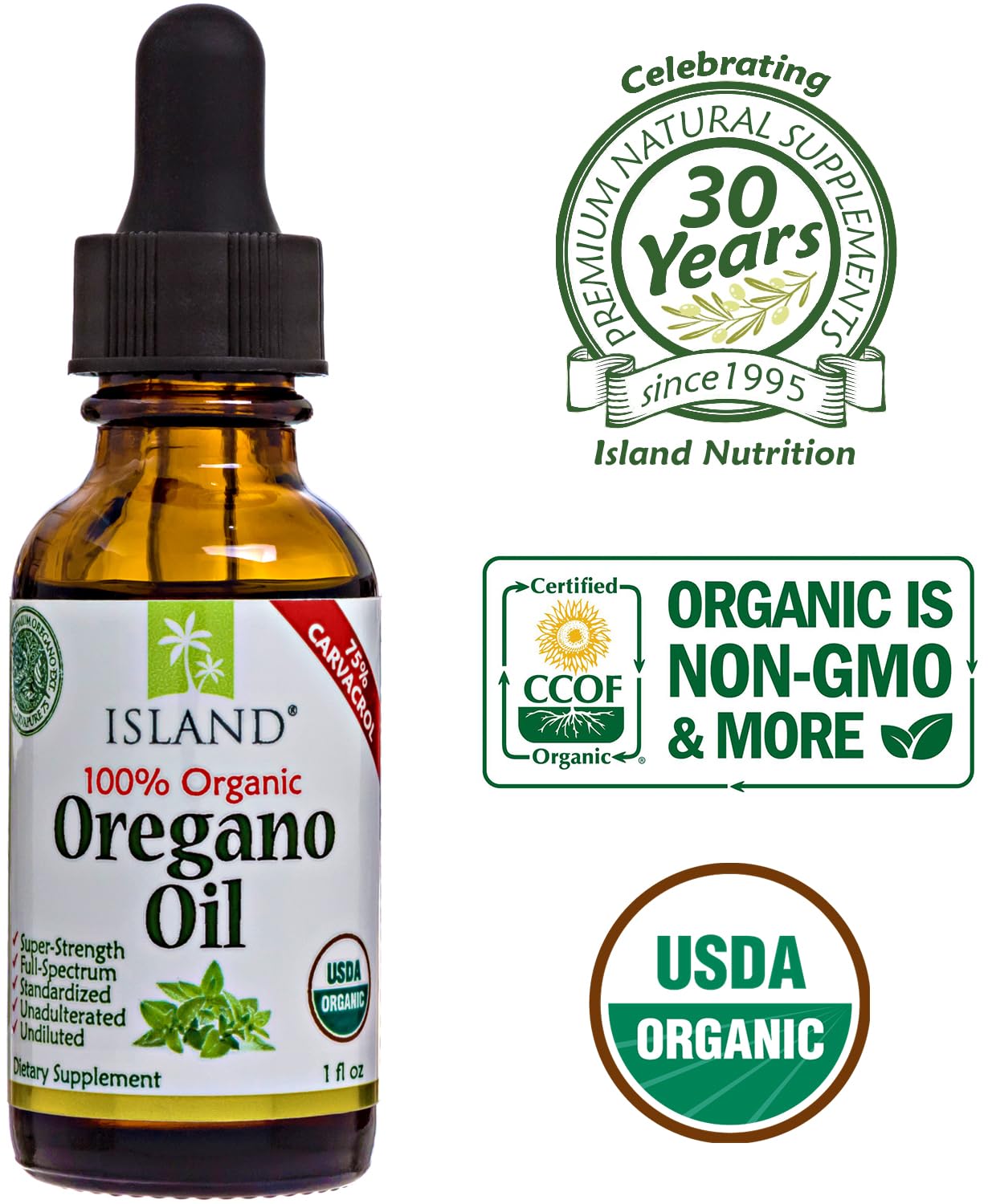 Island Nutrition oil of oregano showing 75 percent carvacrol potency guidelines