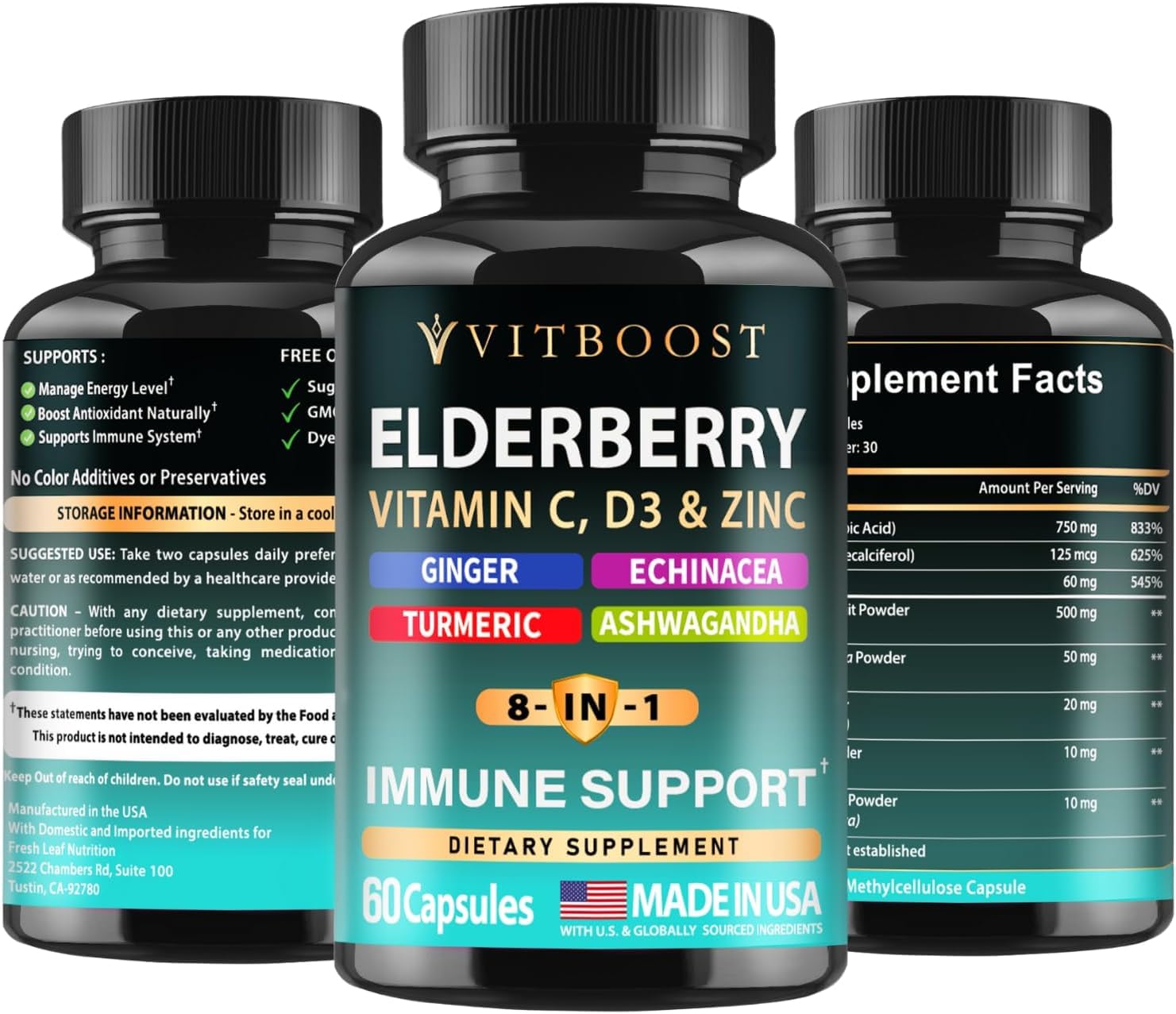 Vitboost antioxidant supplement bottle highlighting high-potency ingredients like Elderberry and Ashwagandha.