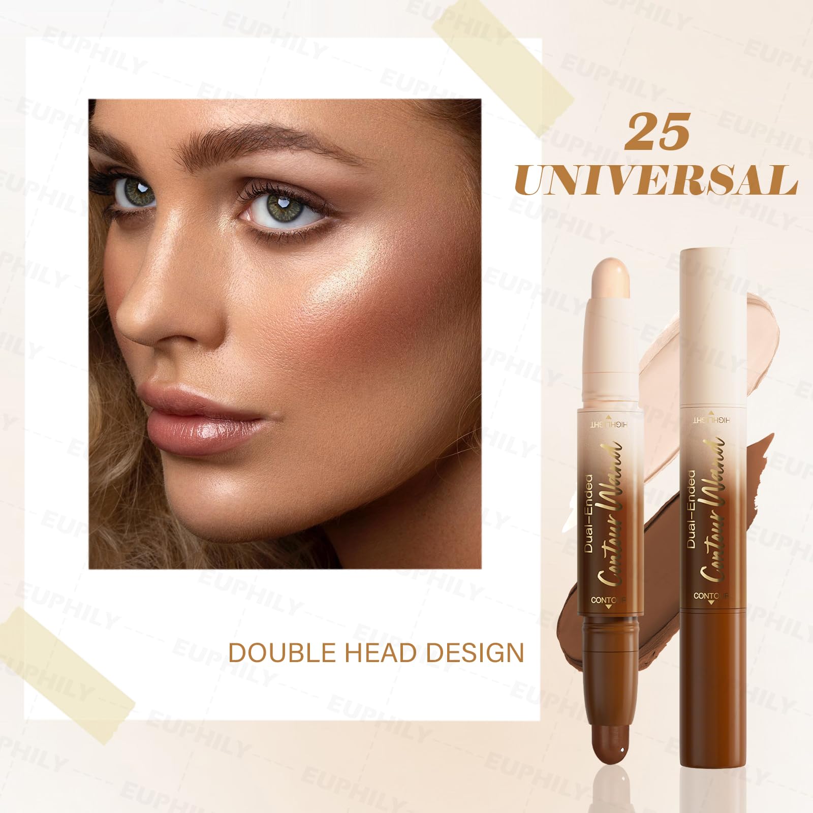 SUSIKEKI dual-ended bronzer pen with cream contour and shimmer highlight caps removed.