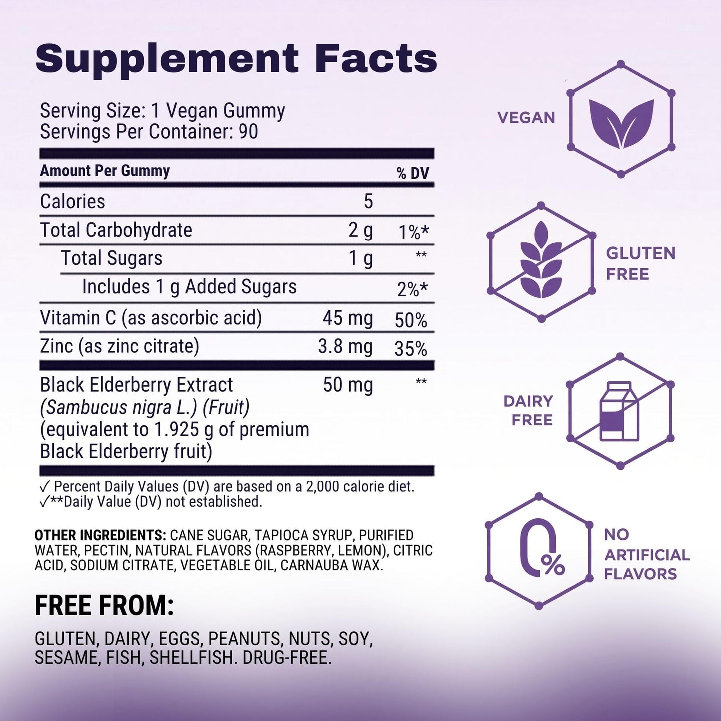 Sambucol advanced immune gummies supplement facts label showing vitamin C and zinc