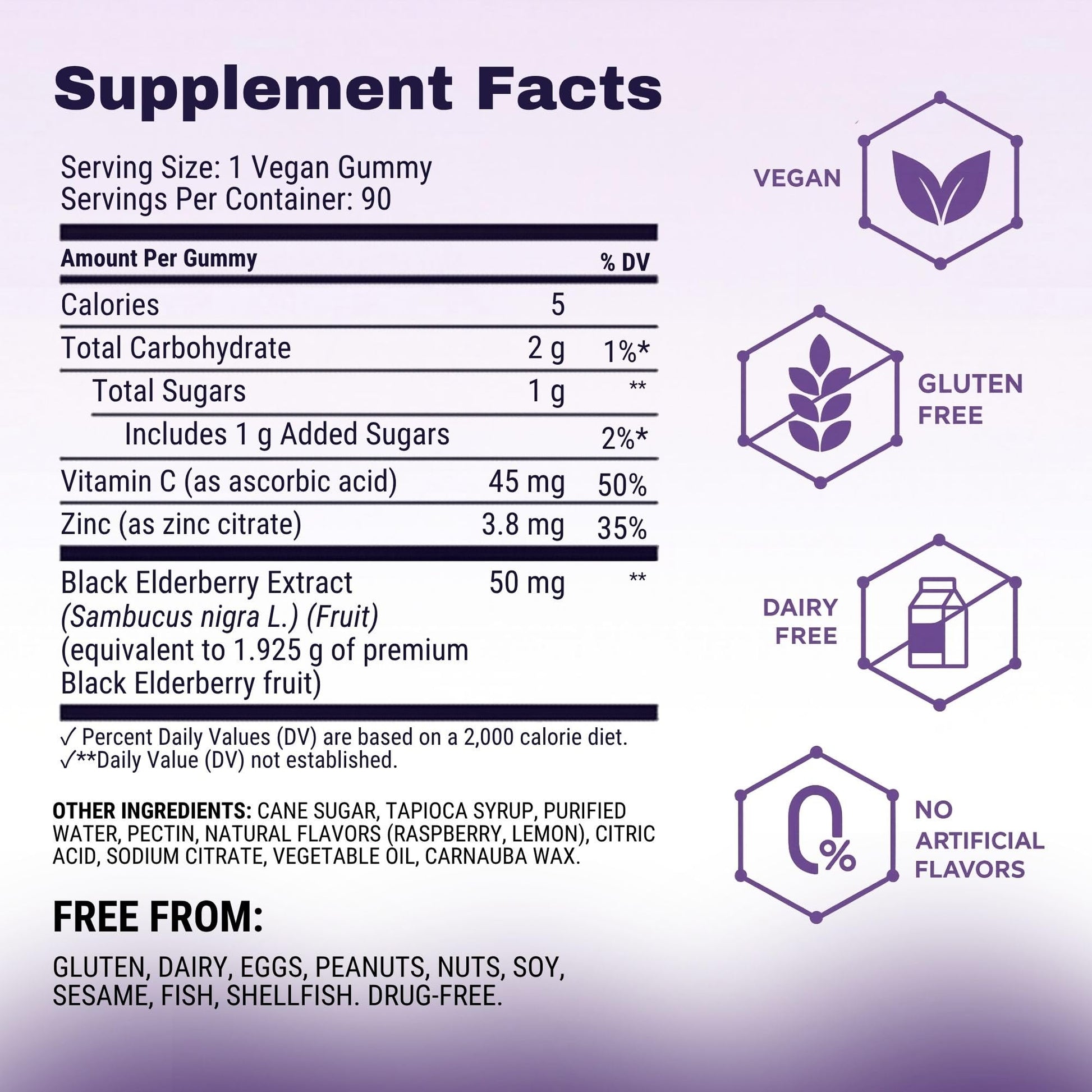 Sambucol advanced immune gummies supplement facts label showing vitamin C and zinc