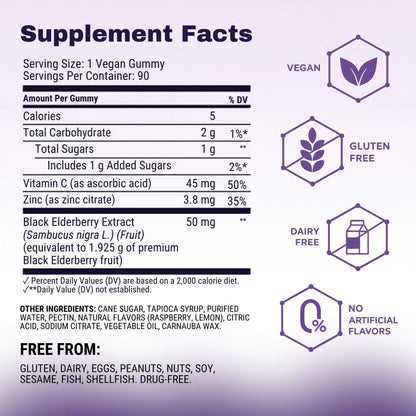 Sambucol advanced immune gummies supplement facts label showing vitamin C and zinc