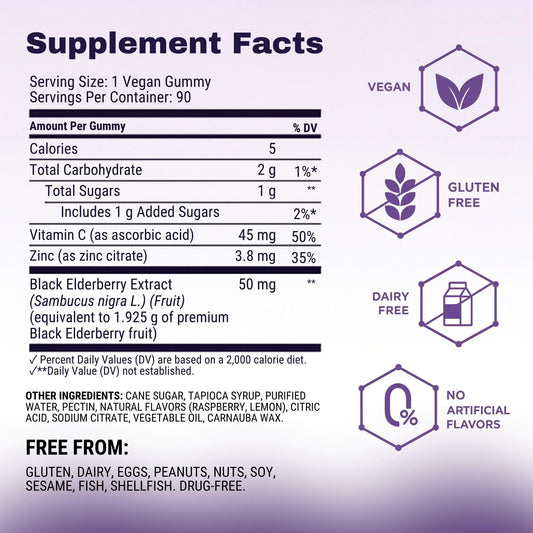 Sambucol advanced immune gummies supplement facts label showing vitamin C and zinc