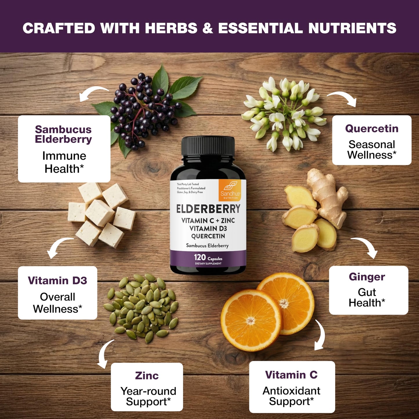 Sandhu's elderberry capsules with quercetin and vitamin D3 for adult respiratory wellness