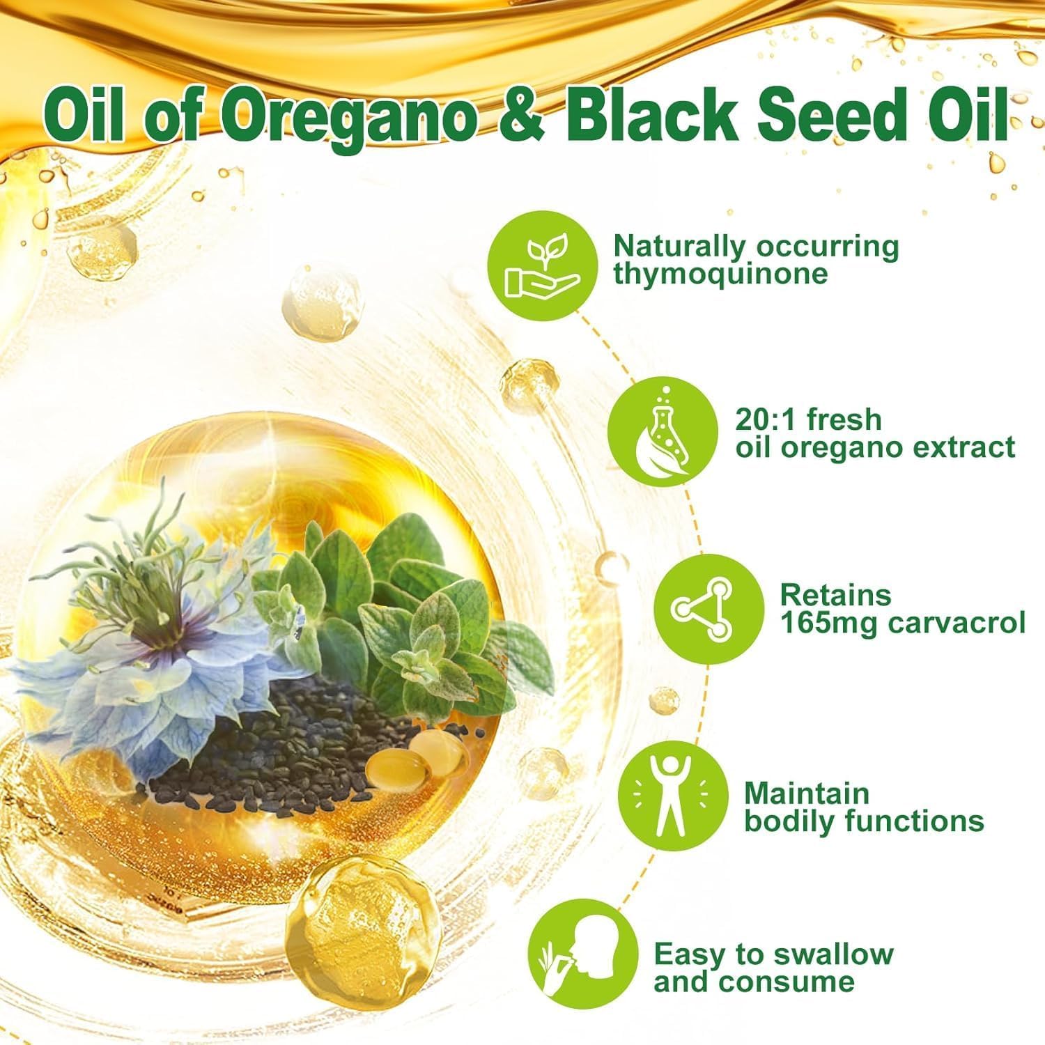 Nature's Live 2-in-1 oregano and black seed oil supplement capsules side view