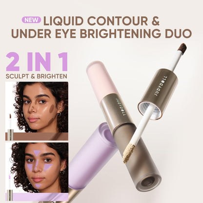 Judydoll face contouring liquid swatches on fair skin showcasing the cool gray-brown shadow and matte brightener.