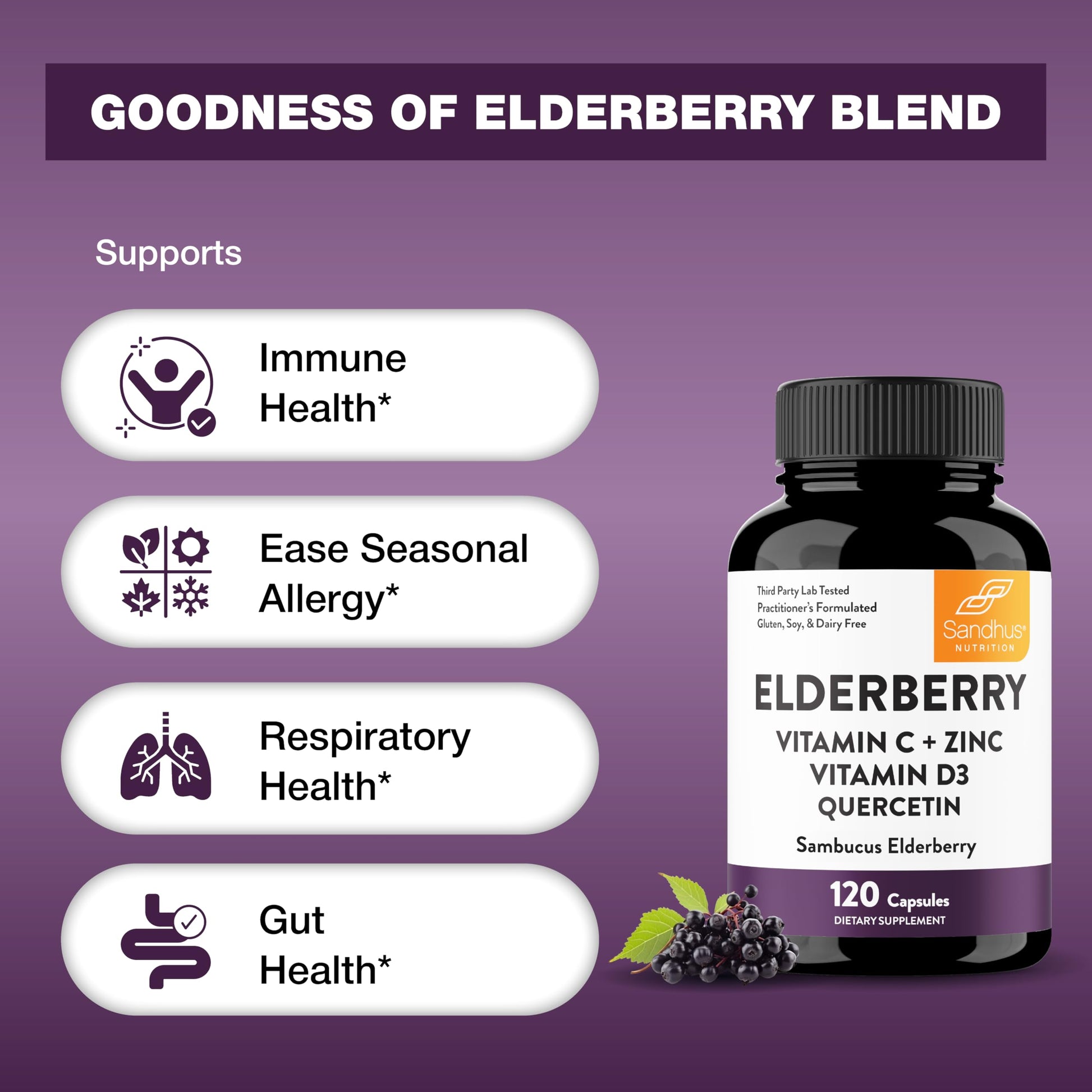 Premium authentic packaging of Sandhu's elderberry vitamin C and zinc dietary health supplement