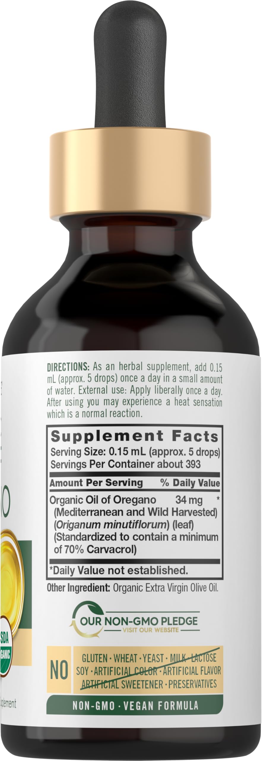 Carlyle oregano oil herbal supplement two fluid ounces packaging displaying supplement facts and dosage.