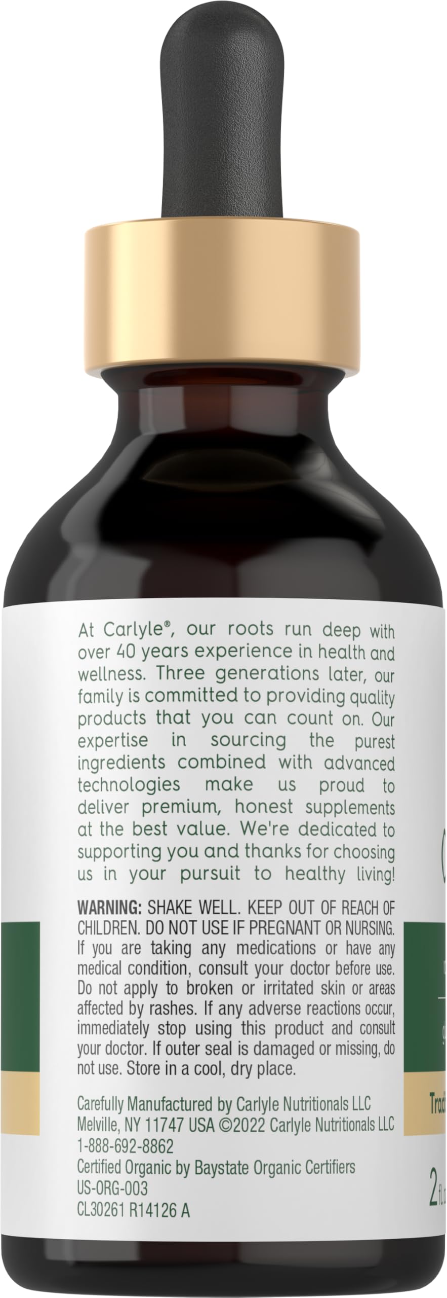 Close up view of the dropper cap on the Carlyle wild harvested Mediterranean oregano oil bottle.