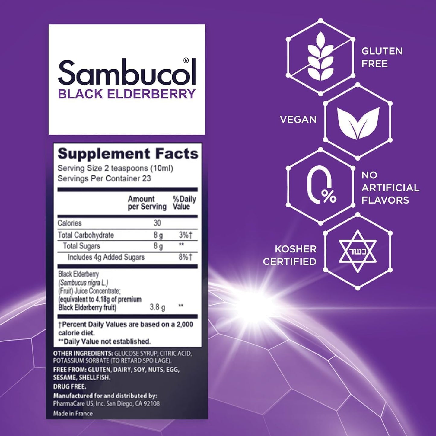 Sambucol liquid immune supplement bottles showing supplement facts and premium elderberry dosage indicators.