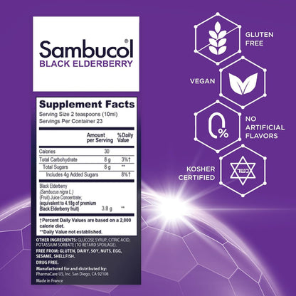 Sambucol liquid immune supplement bottles showing supplement facts and premium elderberry dosage indicators.