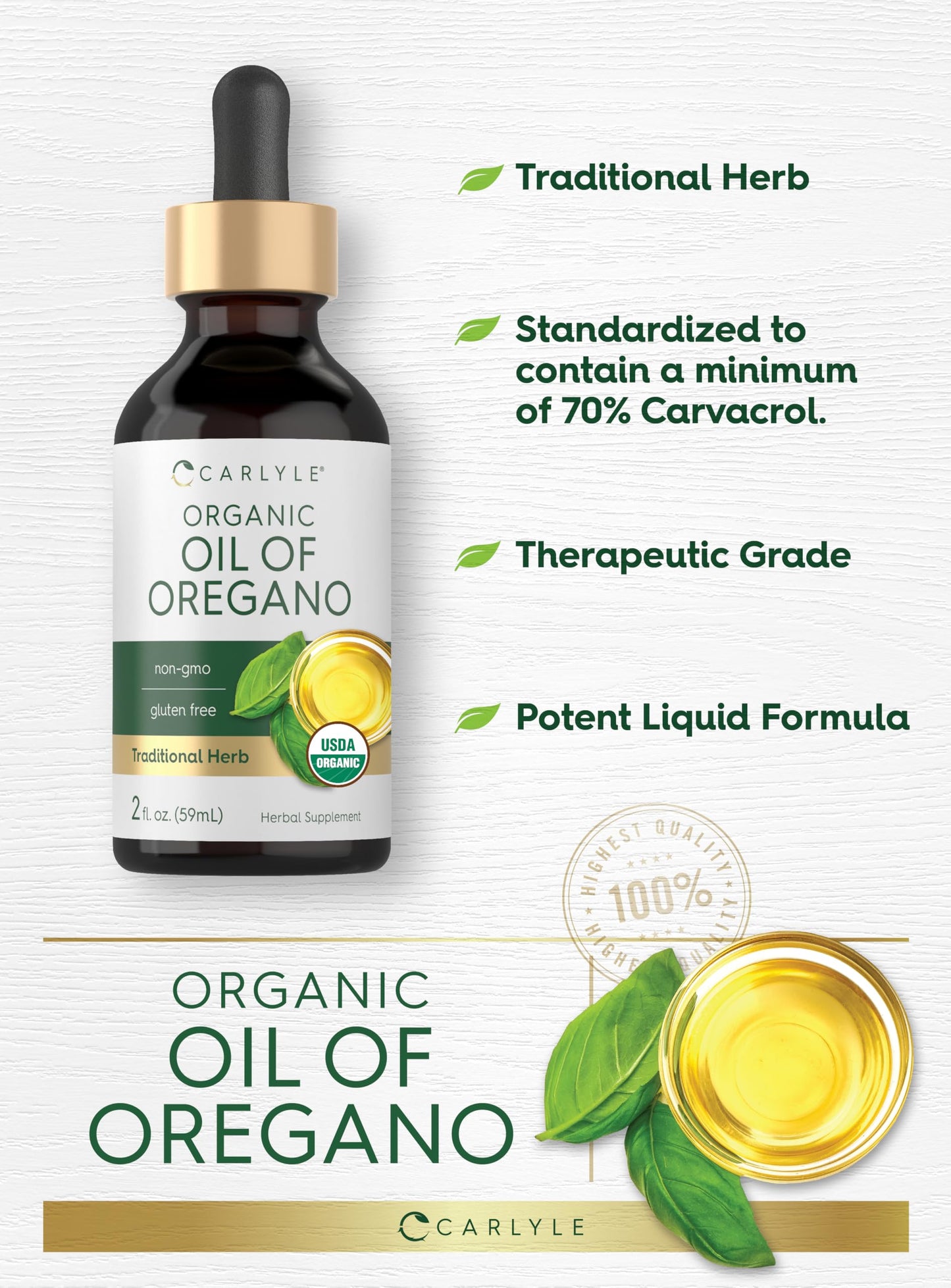 Side view of Carlyle vegan oil of oregano liquid drops highlighting non-GMO and gluten-free icons.