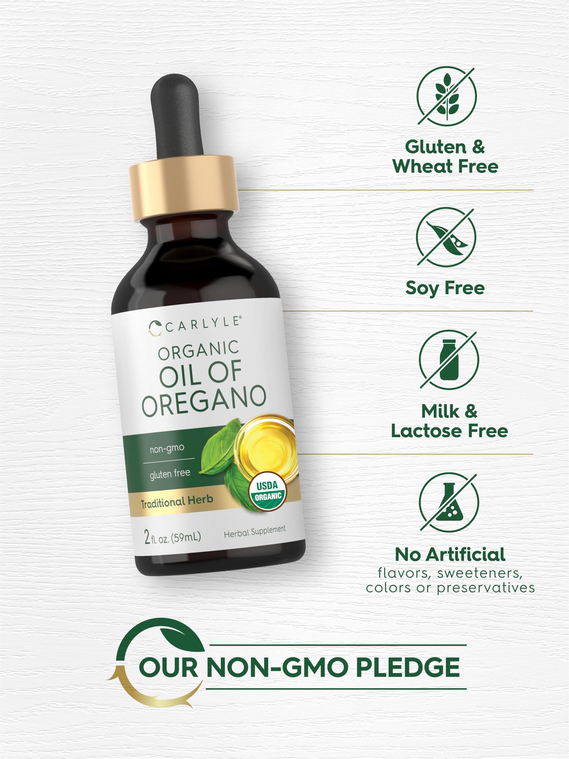 Carlyle organic oregano oil drops package reverse side illustrating dilution instructions and precautions.