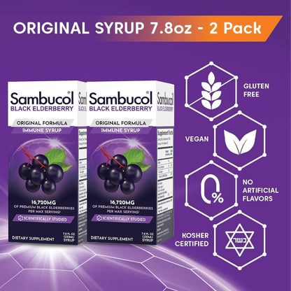 Back packaging label of Sambucol Haschberg elderberry syrup highlighting gluten free and vegan seals.