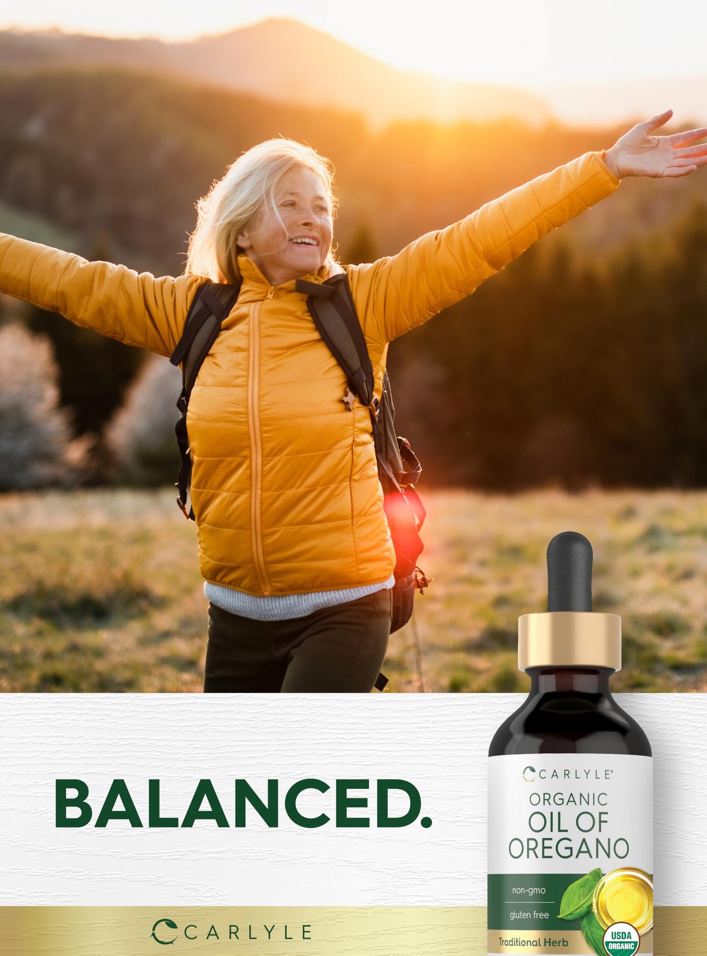 Authentic USA imported Carlyle oregano liquid supplement bottle standing upright on a clean surface.