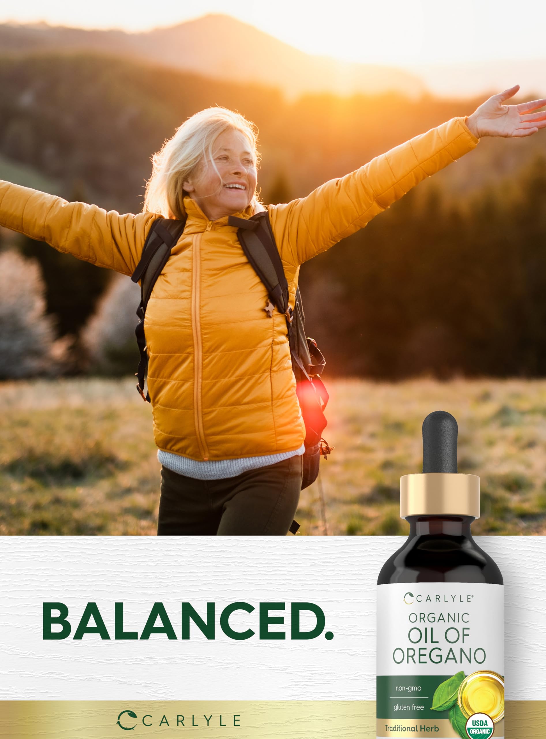 Authentic USA imported Carlyle oregano liquid supplement bottle standing upright on a clean surface.