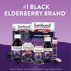 Full product display of Sambucol Black Elderberry seven point eight fluid ounce bottles out of box.