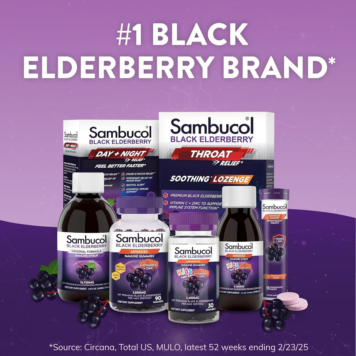 Full product display of Sambucol Black Elderberry seven point eight fluid ounce bottles out of box.