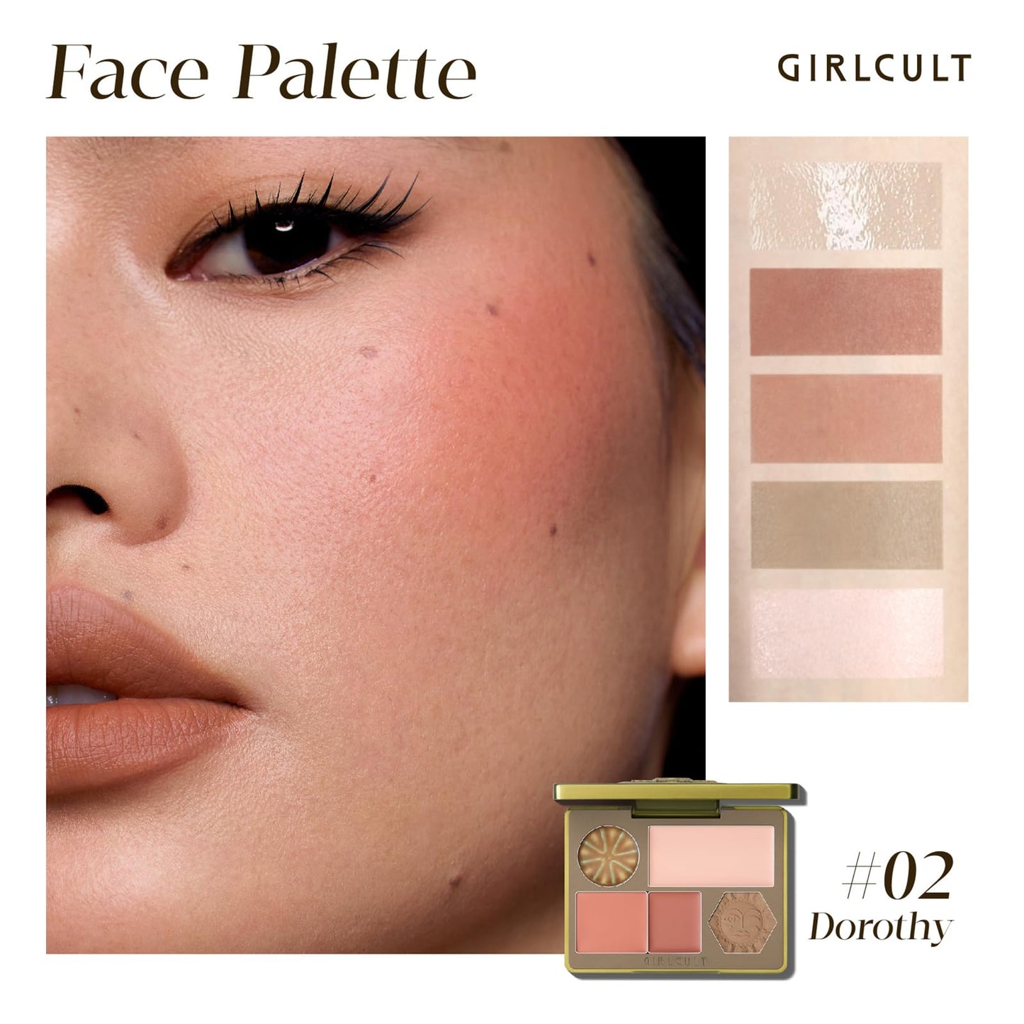 Open view of the GIRLCULT Jianghu Series full face makeup kit showing eyeshadow, blush, and highlighter shades.
