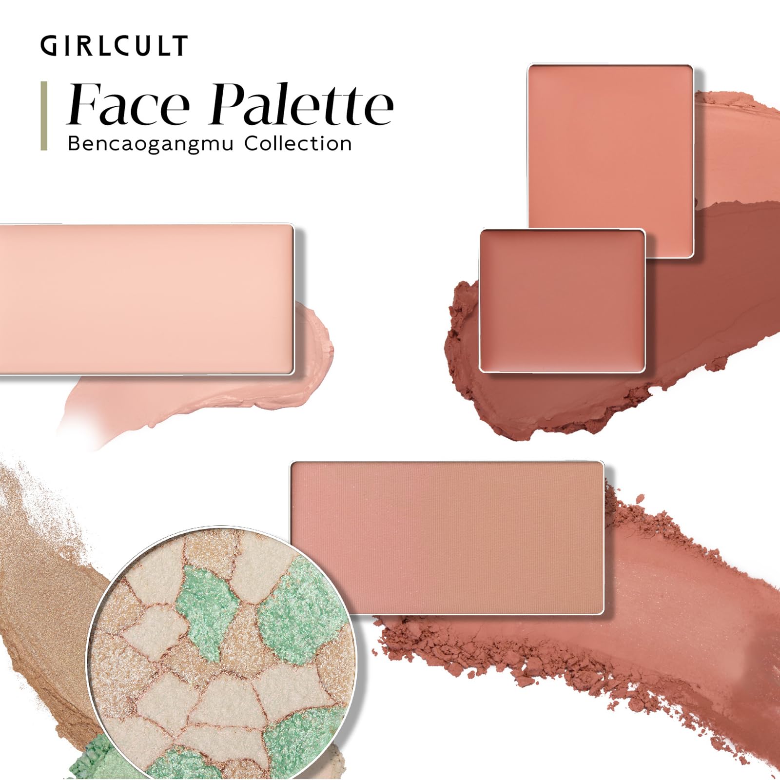 Close up shot of the smooth matte and shimmer textures inside the GIRLCULT 04 Polaris face palette.